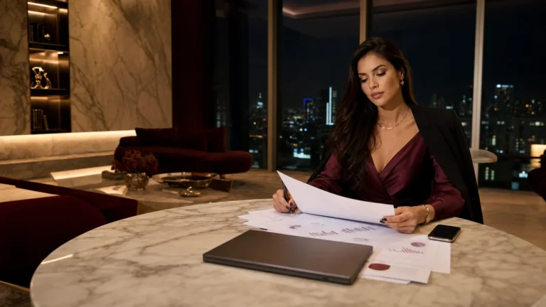 Criadora de conteúdo em ambiente de luxo comparando CPF e CNPJ